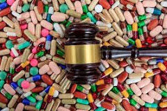 A gavel laying on top of a pile of pills