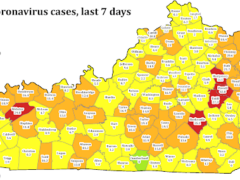 County-level map of Kentucky showing rates of new coronavirus cases in the past seven days