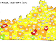 Kentucky Department of Public Health map showing new coronavirus cases by county in the last seven days