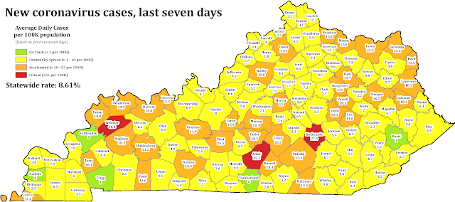 Kentucky Department of Public Health map showing new coronavirus cases by county in the last seven days