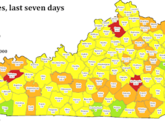 Map of Kentucky showing daily new coronavirus cases by county over the past seven days