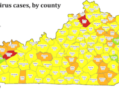 Map of Kentucky showing daily new coronavirus cases by county over the past seven days