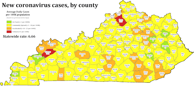 Map of Kentucky showing daily new coronavirus cases by county over the past seven days