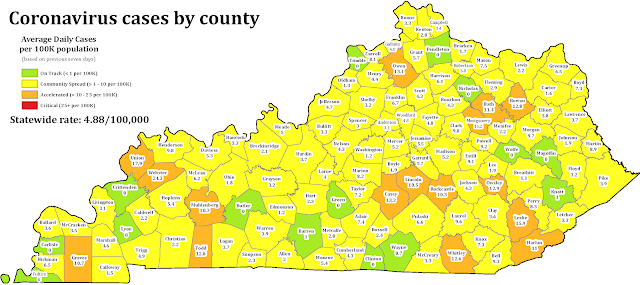 Kentucky map of new coronavirus cases, color-coded by county