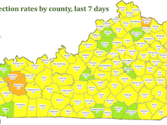 Kentucky Department of Health county map showing coronavirus infections rates over the last seven days