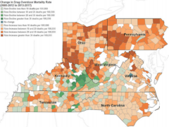 Map of Central Appalachia with color-coded counties showing change in drug overdose mortality rate between 2008-2012 and 2013-2017