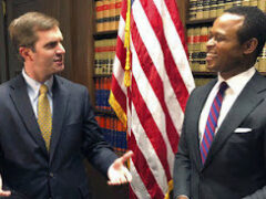 Gov. Andy Beshear and Attorney General Daniel Cameron at the latter's December 2019 swearing-in