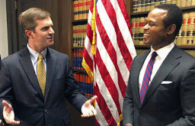 Gov. Andy Beshear and Attorney General Daniel Cameron at the latter's December 2019 swearing-in