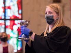 Rev. Carol Harston leads communion at Louisville's Highland Baptist Church. (Bill Campbell photos)