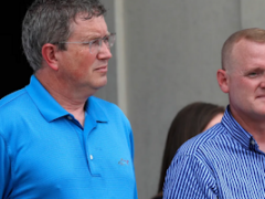 U.S. Rep. Thomas Massie, left, and state Rep. Josh Calloway spoke at the rally. (Courier Journal photo by Scott Utterback)