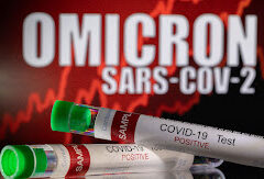 FILE PHOTO: Test tubes labelled "COVID-19 Test Positive" are seen in front of displayed words "OMICRON SARS-COV-2" in this illustration taken December 11, 2021. REUTERS/Dado Ruvic/Illustration